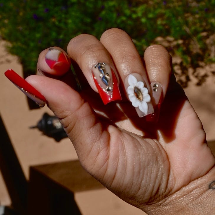 Red nails, short square nails, acrylic nails