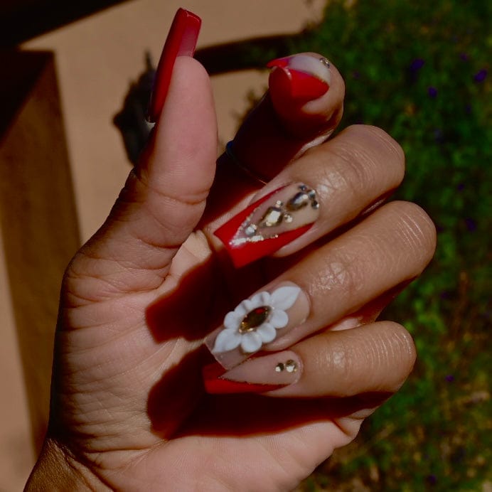 Red nails, short square nails, acrylic nails