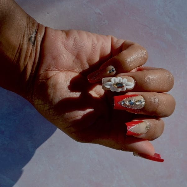 Red nails, short square nails, acrylic nails
